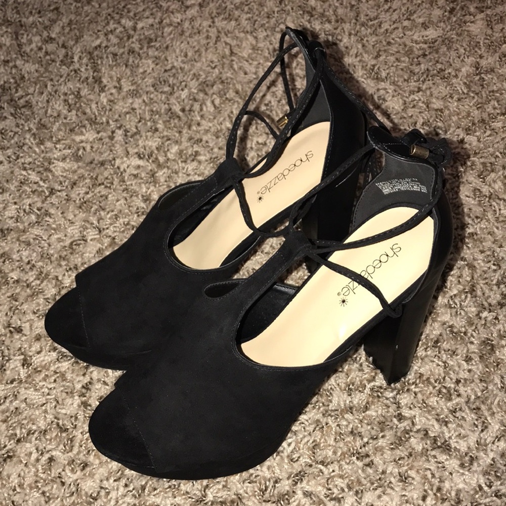 Black strappy platform pump